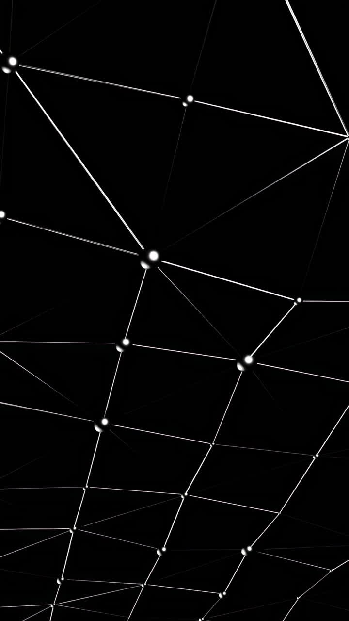 Rete nera di linee sottili e nodi luminosi che formano costellazioni di punti connessi, movimento della griglia di dati.