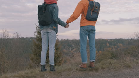 jóvenes excursionistas masculinos y femeninos con mochila extendiendo los brazos y disfrutando de la libertad en la naturaleza