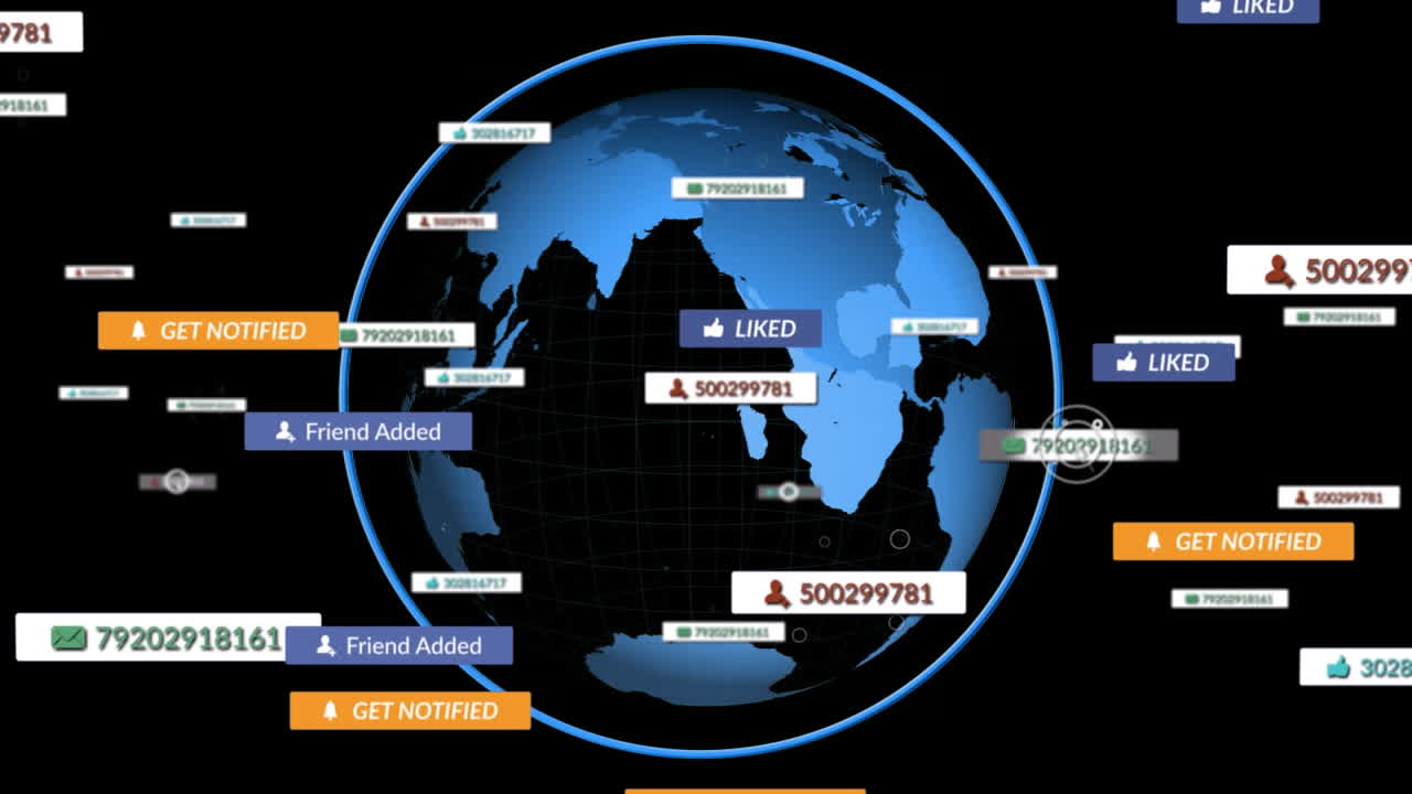 Animation of falling social media icons over globe