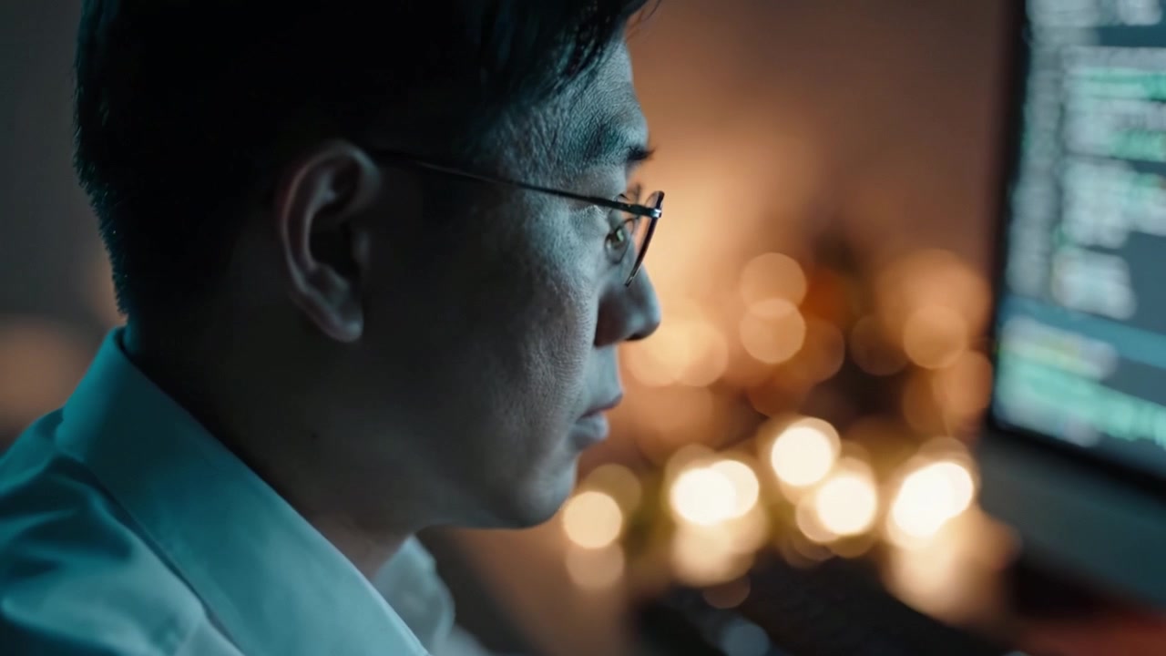柔らかな間接照明とぼかされた背景要素に囲まれ、夜遅くまでコンピューターコードに取り組む集中したプログラマー