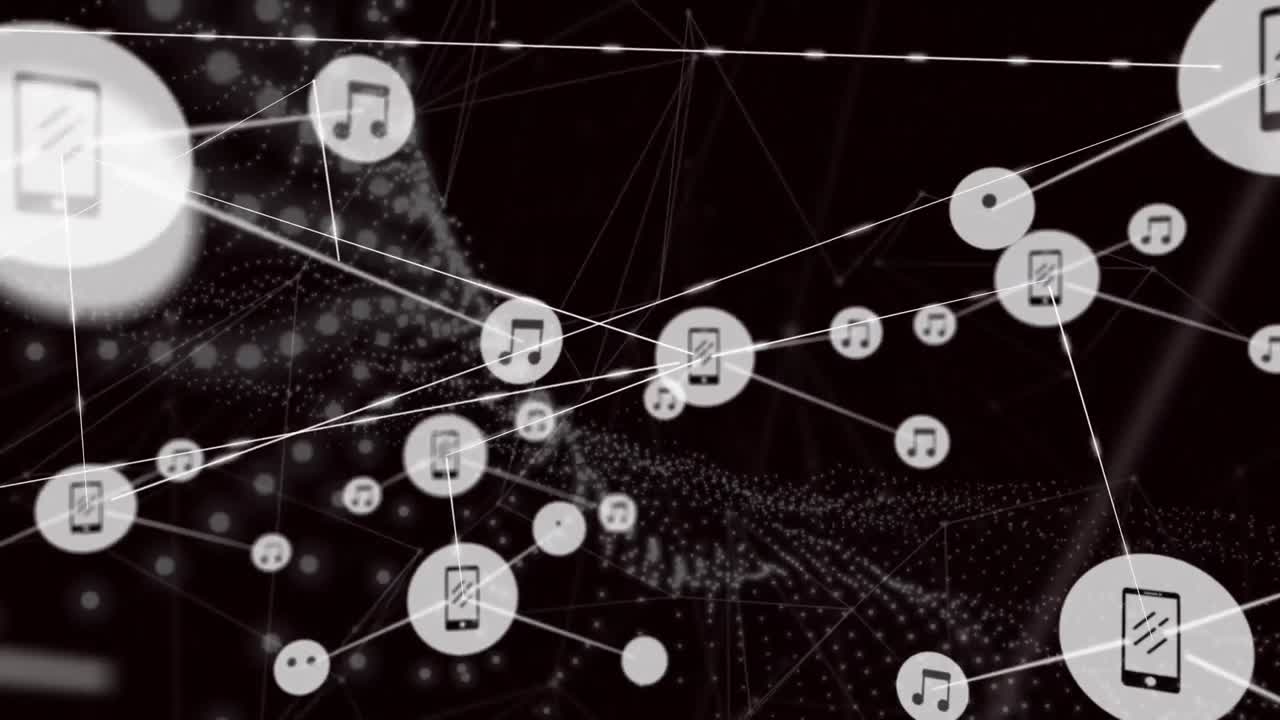 검은 바탕에 파동 패턴을 통해 선으로 상호 연결된 아이콘의 애니메이션