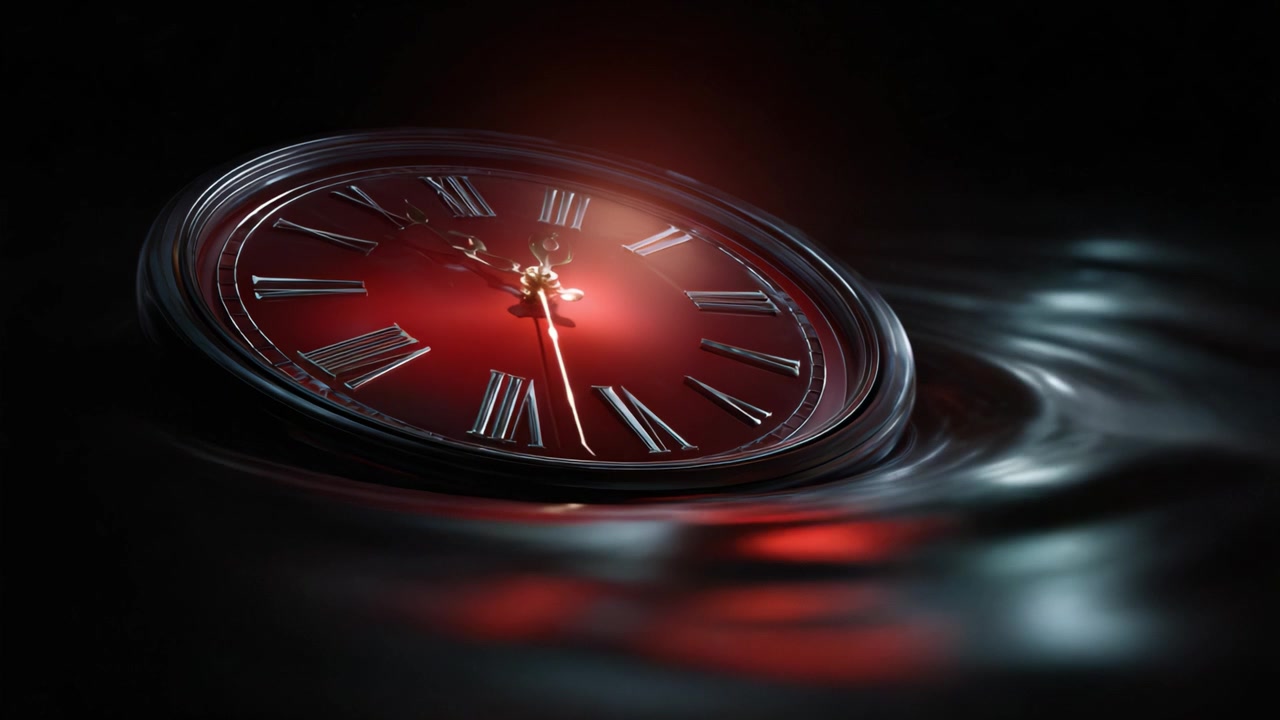 An Artistic Representation of Time Drowning: A Red Clock Submerged in Dark Water, Capturing the Essence of Time's Fleeting Nature and Its Connection to Water