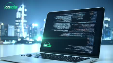 a glimpse into the world of coding, showcasing a sleek laptop displaying lines of code against a breathtaking city skyline illuminated at night