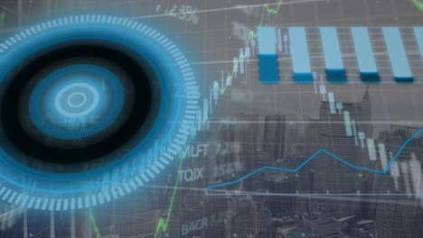 animation of loading circles, graphs and trading board over aerial view of modern cityscape