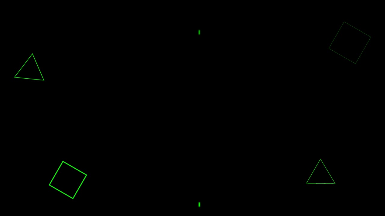 Animation green geometric shape isolate floating on black background.