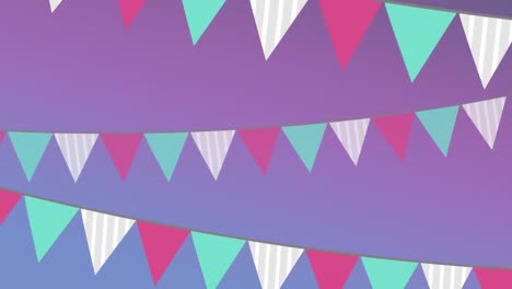 animation of white pink and green bunting on gradient purple background