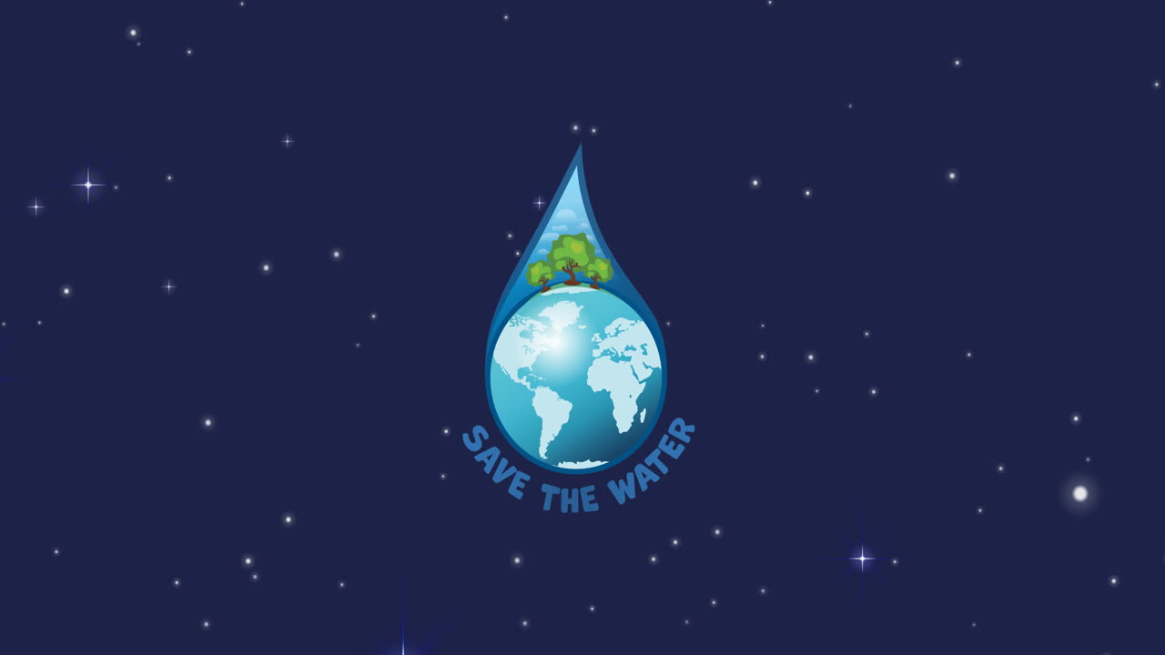 지구 위의 물방울과 하늘의 별들과 함께 물 텍스트를 저장하는 우주 애니메이션