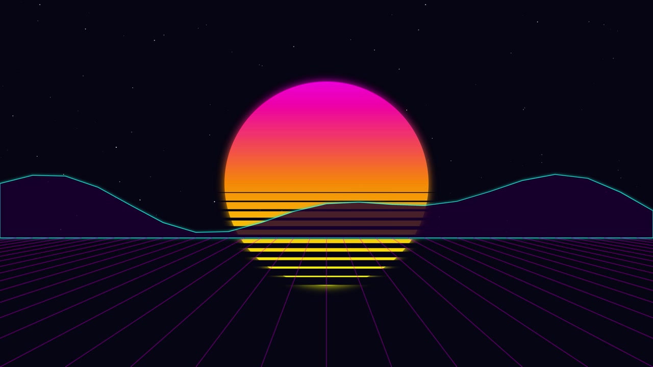 Retro Synthwave Style Sunset Over Digital Grid Landscape