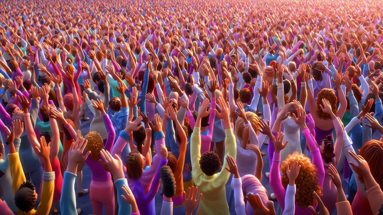 A Vibrant Sea of Joyful People Raising Their Hands in Unison, Celebrating Together in a Colorful Gathering, Under a Warm Sunlight, Full of Energy and Excitement