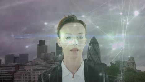 Animation-of-caucasian-businesswoman-and-network-of-connections-over-cityscape