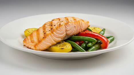 deliciously grilled salmon with fresh seasonal vegetables: a culinary delight highlighting flavorful ingredients on a white plate