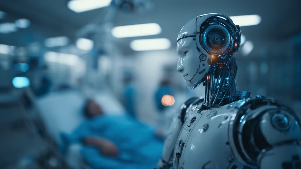 Advanced Robotic Healthcare: A Futuristic Perspective Showcasing a Medical Robot Monitoring Patients in a High-Tech Hospital Environment