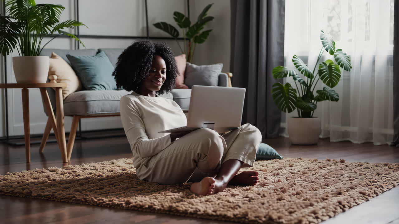 Woman using laptop while sitting on a rug at home