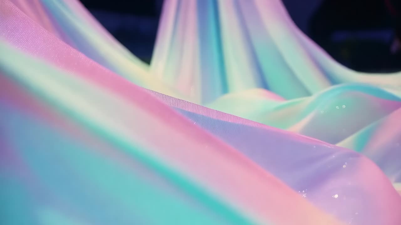 Sweeping camera capturing iridescent pastel surface rippling in dark studio to reveal glitter