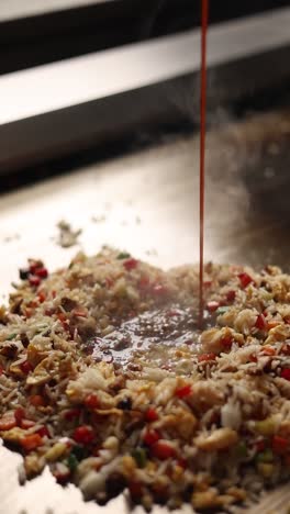 preparing delicious fried rice on a teppanyaki grill