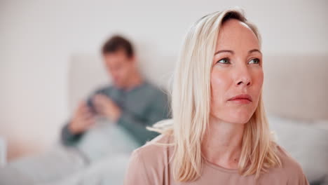 woman, thinking and conflict of couple in bedroom