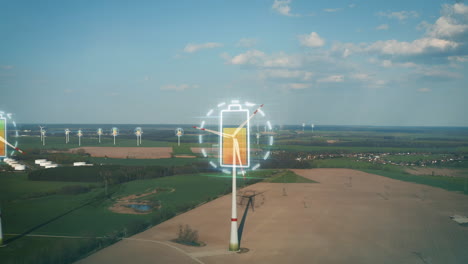 Aerial-view-of-wind-farm,-rotating-propellers-producing-green-energy.-Visual-effect-showing-progress-of-recharging-battery