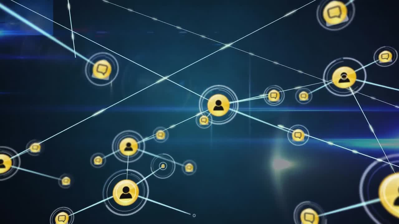 Animation of network of digital icons against light trails on blue background