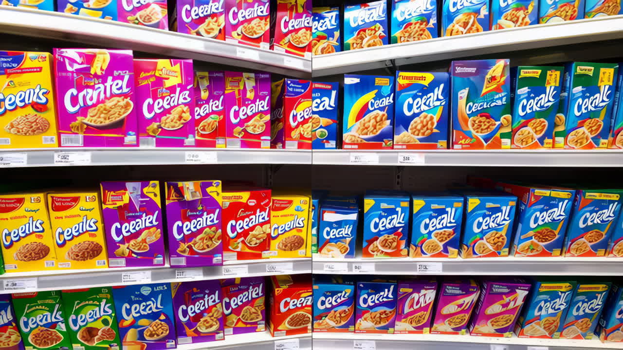 Assortment of colorful cereal boxes in a supermarket aisle