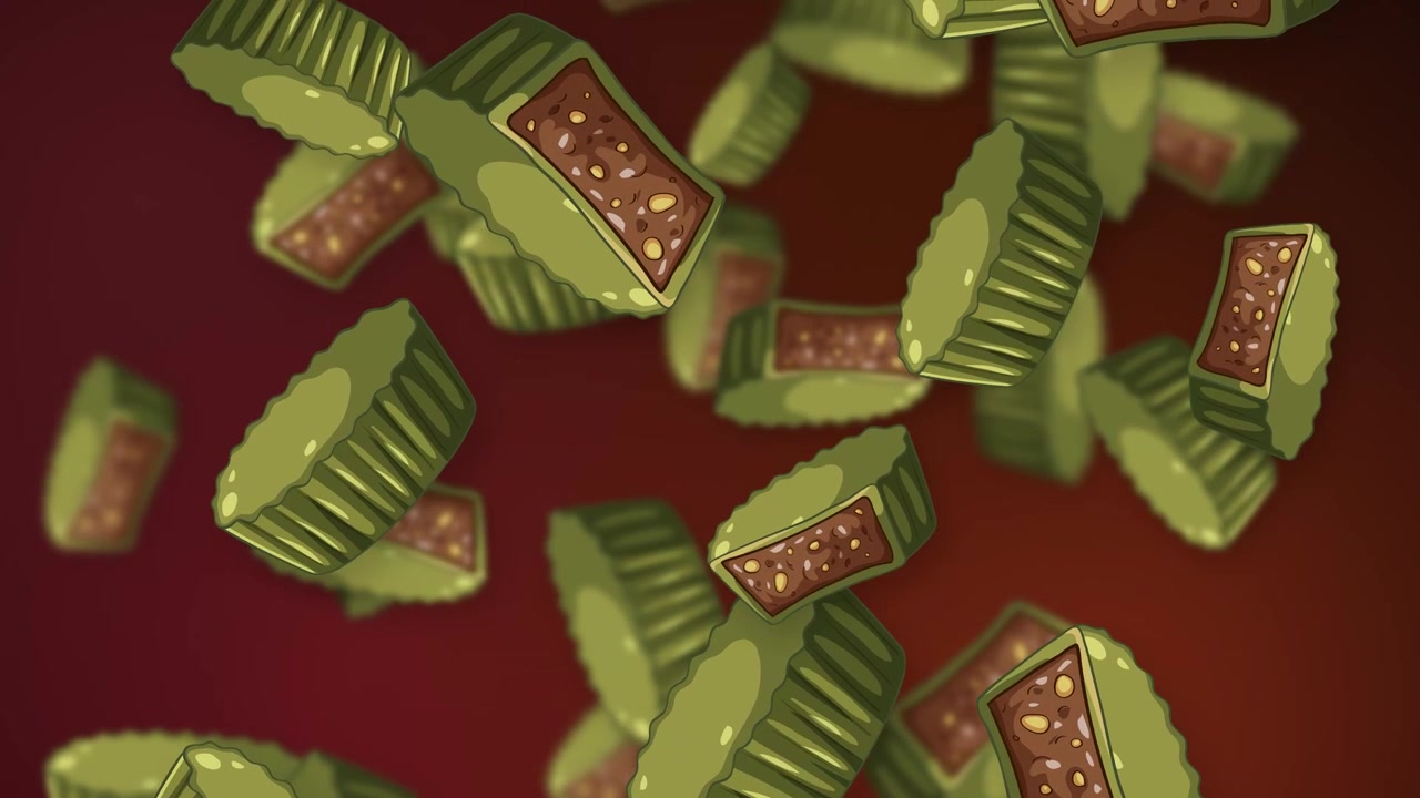 Stylized green matcha chocolates and nut pralines fall continuously against a dark red gradient background.