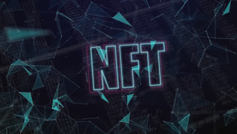 banner de texto de neón nft sobre redes plexus contra el procesamiento de datos en fondo negro