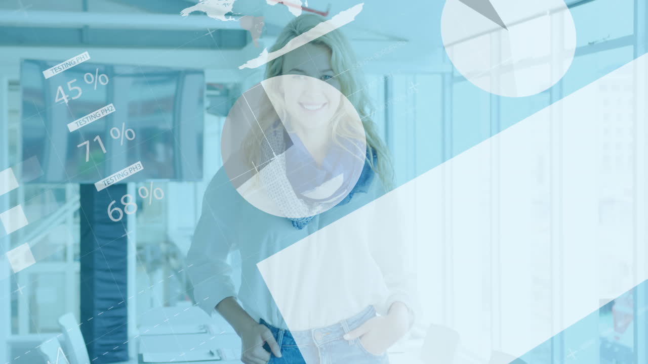 사무실에 서 있는 미소 짓는 백인 여성에 대한 인포그래픽 인터페이스의 애니메이션