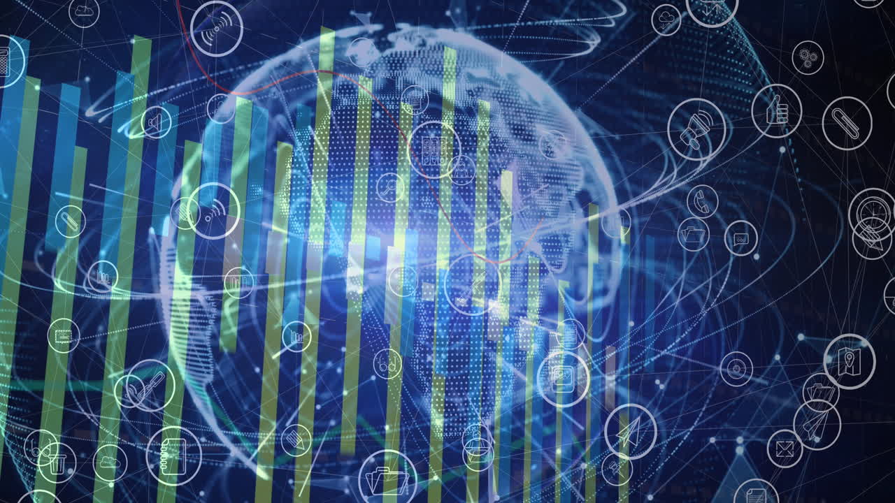 Animation of icons and financial data processing over globe on black background