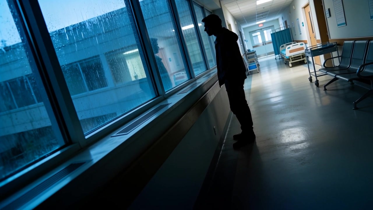 Uomo con felpa con cappuccio e stivali, appoggiato, che osserva il corridoio dell'ospedale attraverso le finestre piovose, con un letto.