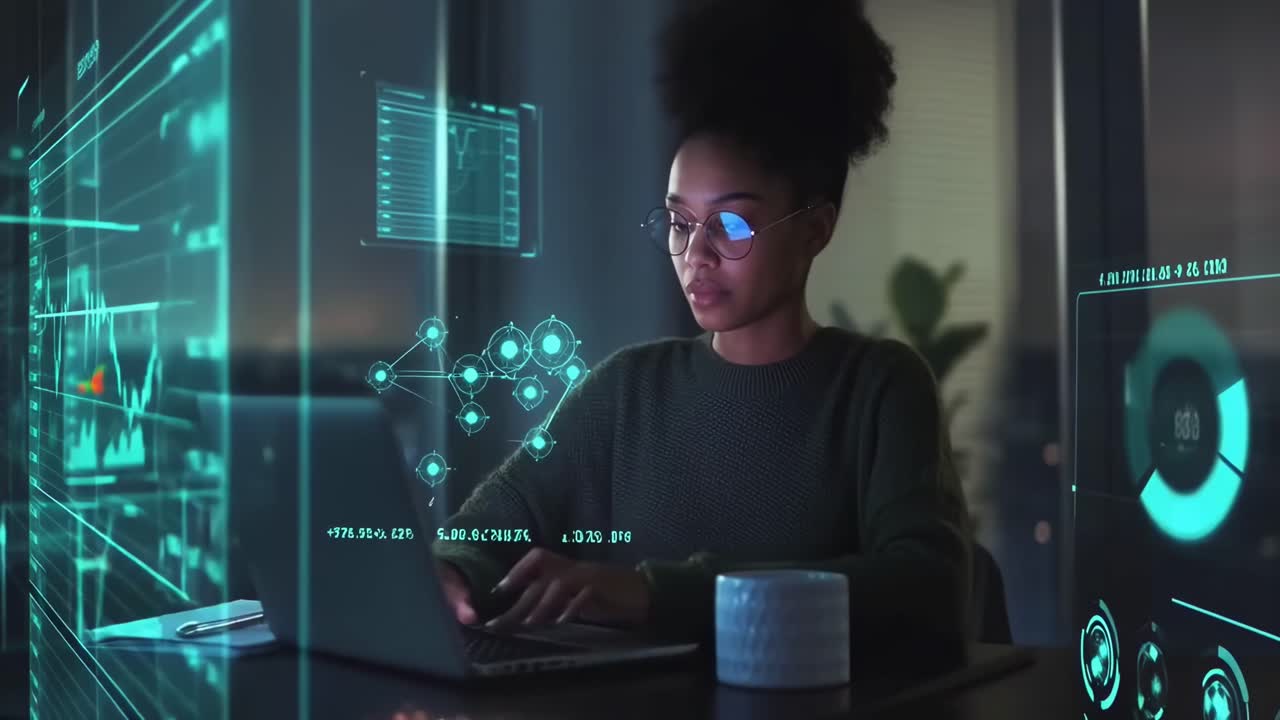 A woman works on a laptop with holographic data, side angle