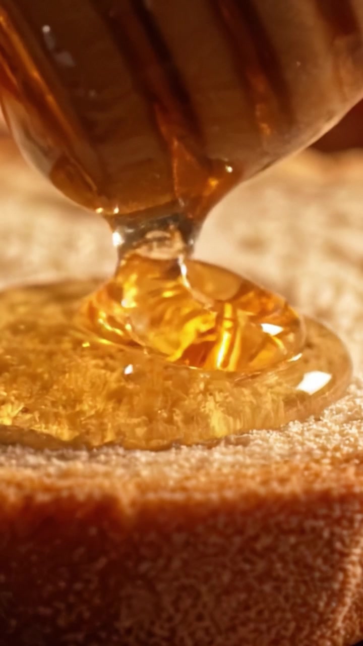 Una deliziosa colata: Primo piano accattivante di miele che cola su pane tostato fresco, evidenziando il calore e il comfort di un classico della colazione.