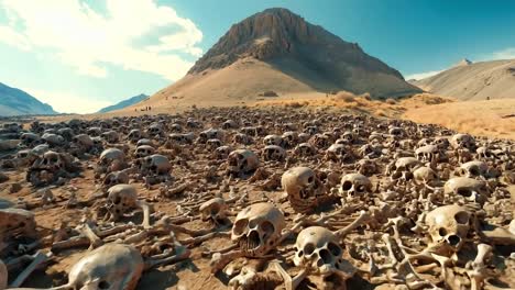 a large pile of skulls and bones in the desert with mountains in the background