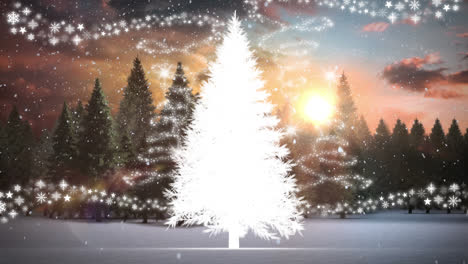 Snow-falling-over-christmas-tree-on-winter-landscape-against-multiple-star-icons