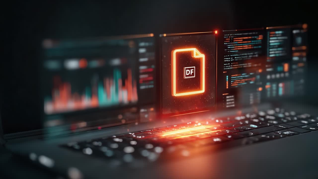 A visually striking digital representation showcasing a laptop with glowing file icons and complex data visualizations, emphasizing the concept of technology and information processing