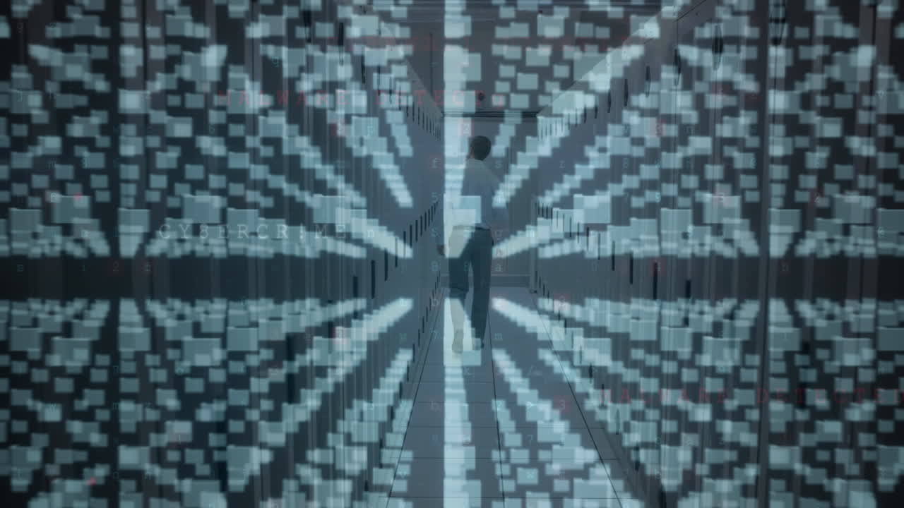 Animation of computer files, padlock motherboard, man walking in server room and data processing