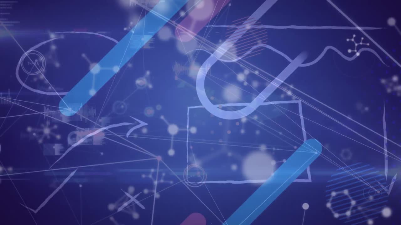 보라색 배경에 있는 분자들과의 연결 네트워크의 애니메이션