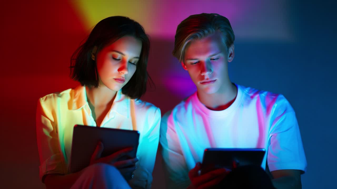 A captivating moment showcasing two individuals engaged in digital exploration while illuminated by vibrant, colorful lighting, reflecting the blend of technology and modern lifestyle in relaxed intimacy and focus