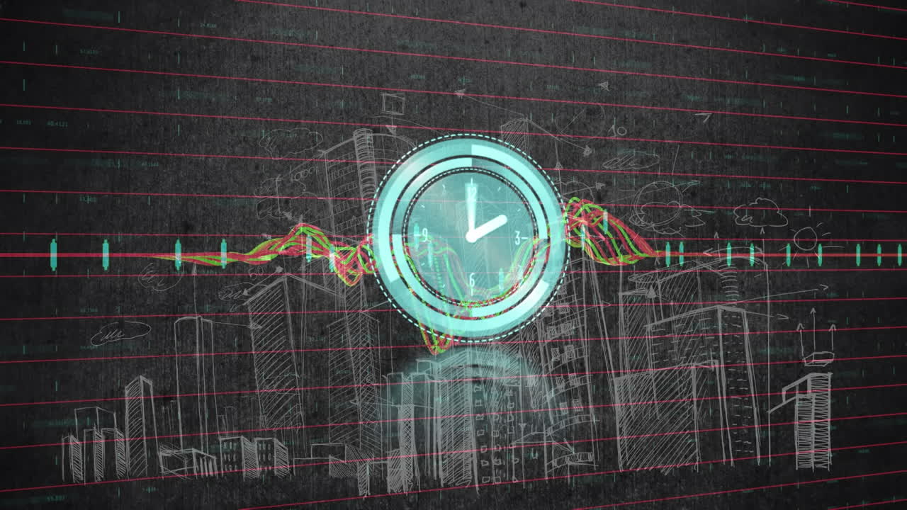 animación de reloj que se mueve rápido y procesamiento de datos sobre el paisaje urbano
