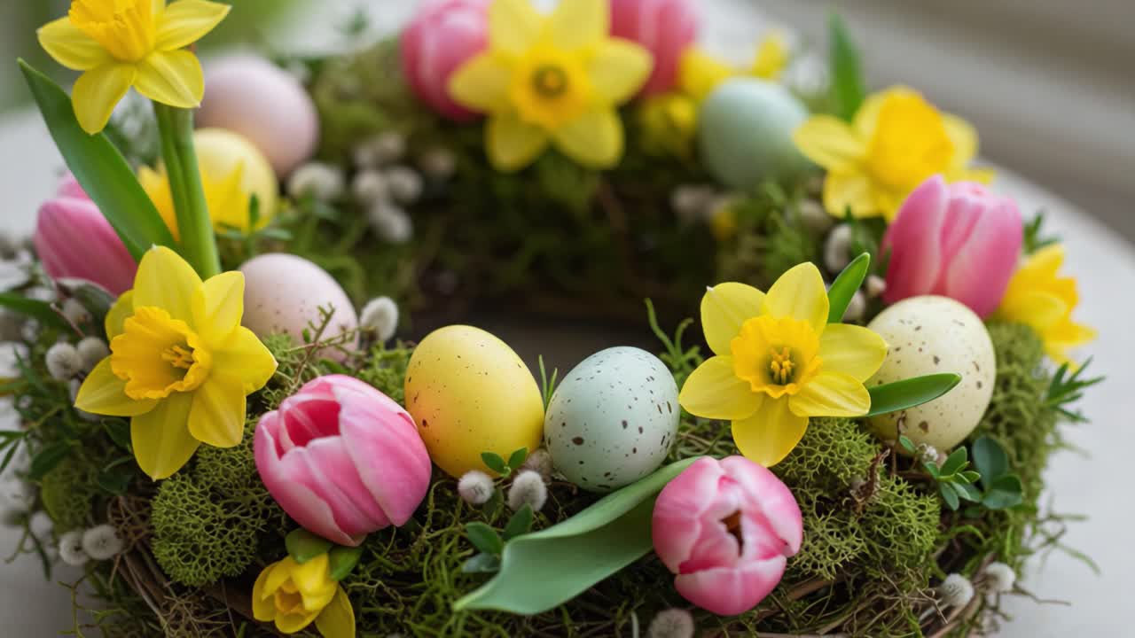Vibrant Easter Wreath Decorated with Colorful Eggs and Fresh Flowers Celebrating the Spring Season's Renewal and Joyful Festivities
