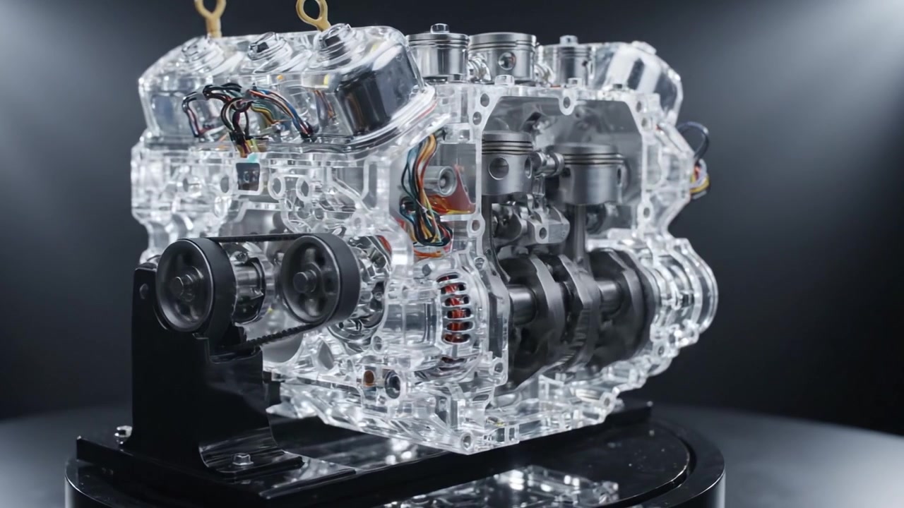 Detailed Examination of a Transparent Engine Model Showcasing Internal Components, Mechanisms, and Engineering for Automotive Enthusiasts and Educators