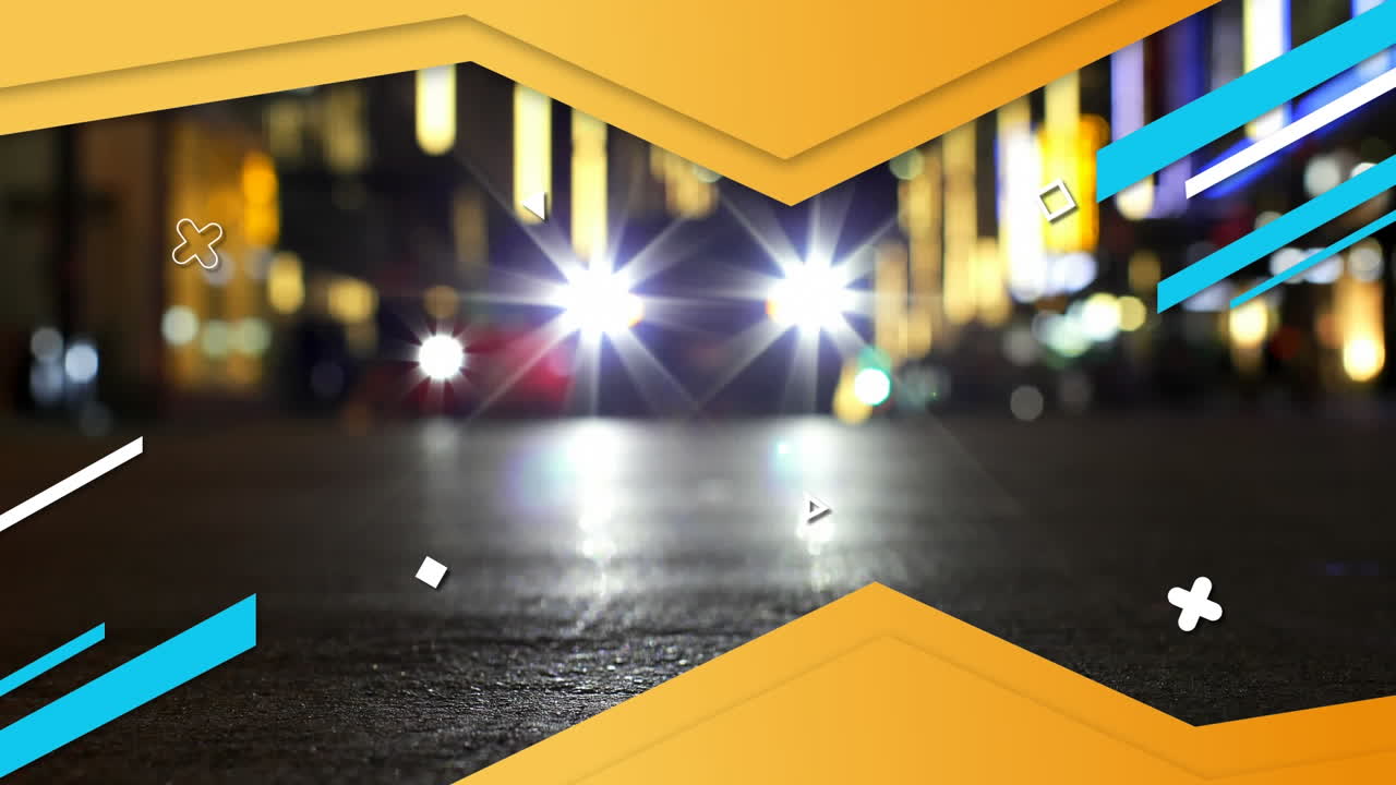 animación de formas, símbolos x y patrones abstractos contra un vehículo estacionado en la calle de la ciudad