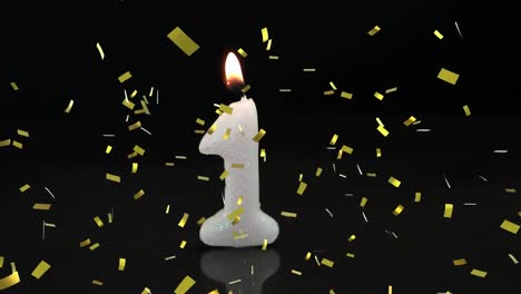 Golden-confetti-falling-over-number-one-birthday-burning-candle-against-black-background