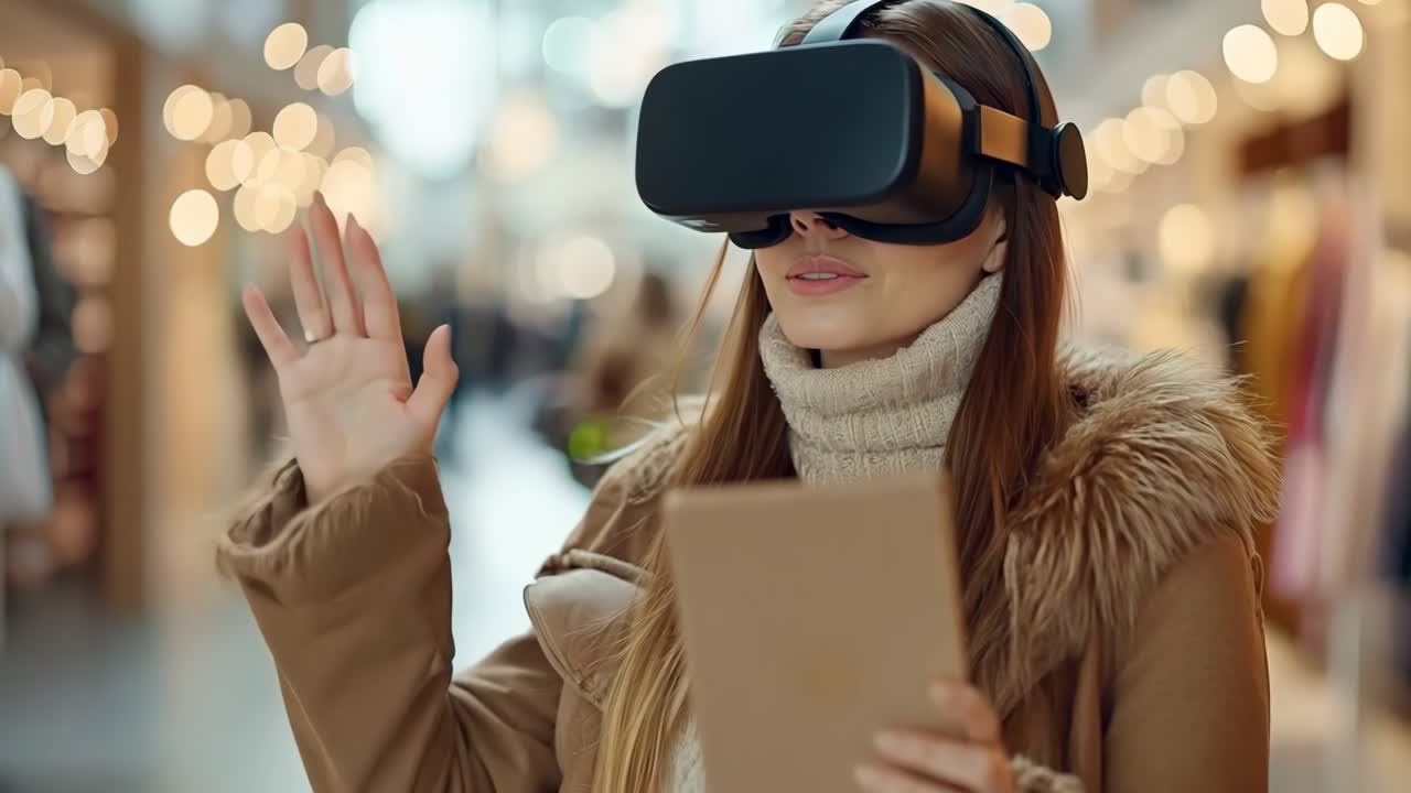 가상 현실 헤드 을 착용 하고 태블릿 을 들고 있는 여자