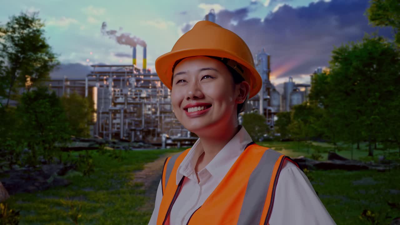 Close Up Side View Of Asian Female Engineer Wearing Safety Helmet Looking Around While Standing With Arms Akimbo In Front Of Oil Refinery