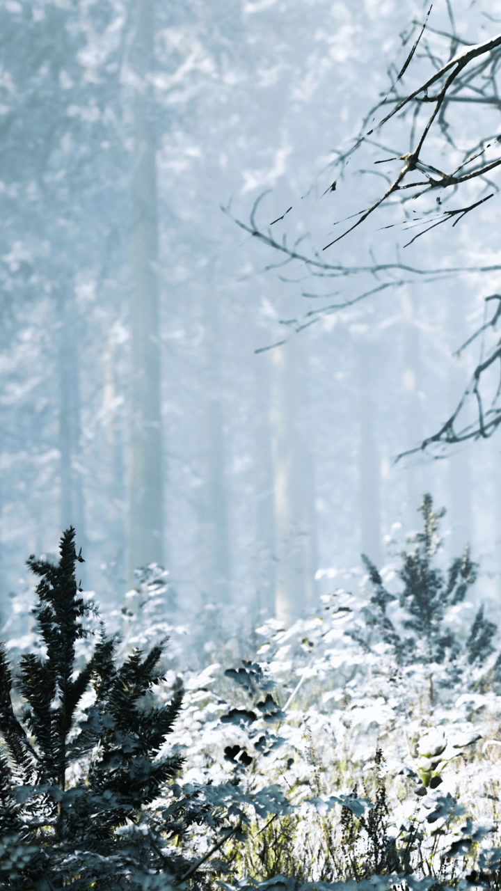 Winter scene with snow covered trees and bushes in a forest