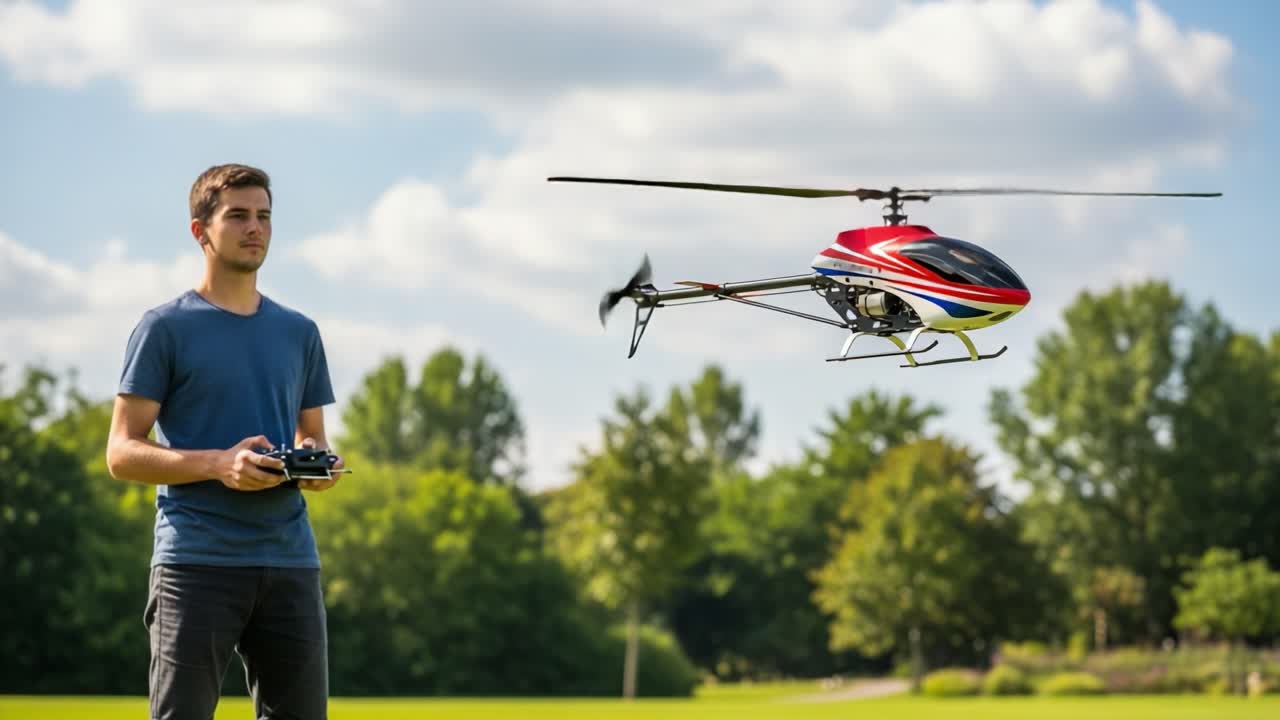 A young man skillfully pilots a remote-controlled helicopter against a picturesque outdoor backdrop, showcasing the excitement of flying and aerial maneuverability