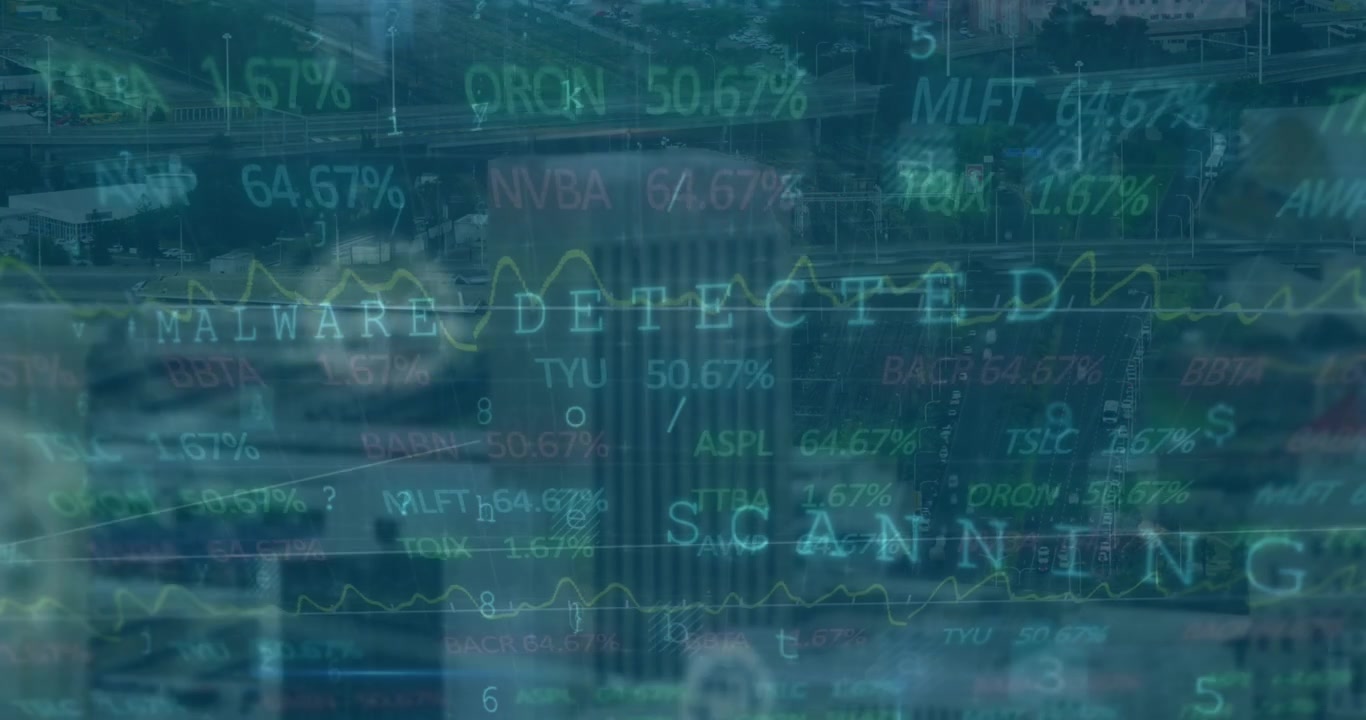 Animation af aktiemarked og et netværk af forbindelser over et bybillede