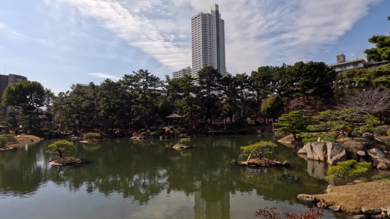 연못, 나무, 도시 배경 을 가진 조용 한 공원