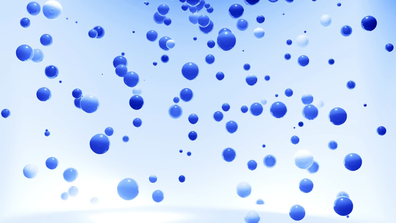 푸른 색조의 구의 추상적인 4k 배경, led와 같은 공이 공중에 매달려 있고 밝고 세련된 배경으로 꺼집니다.