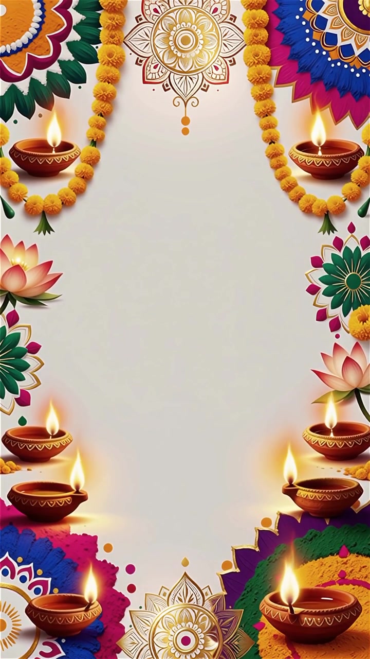 Sfondo Diwali con Diyas luminosi, Rangoli e fiori di loto