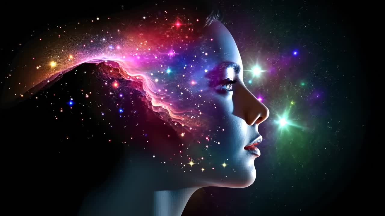 Boční profil ženy s motivem kosmické galaxie na hlavě, focený z bočního úhlu.